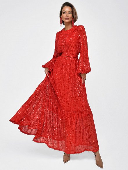 Красное длинное вечернее платье с пайетками NY Collection