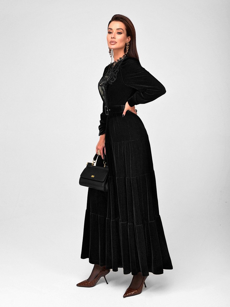 Черное бархатное платье с кружевом NY Collection