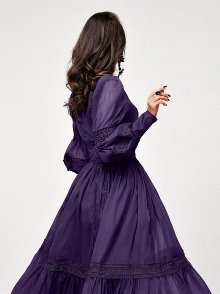 Сливовое длинное платье с полупрозрачными рукавами NY Collection