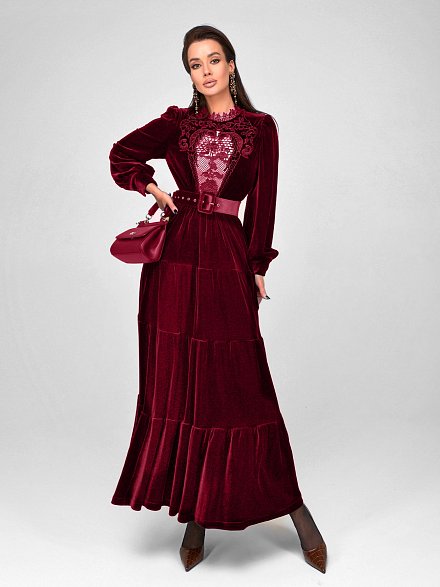 Бордовое бархатное платье с кружевом NY Collection