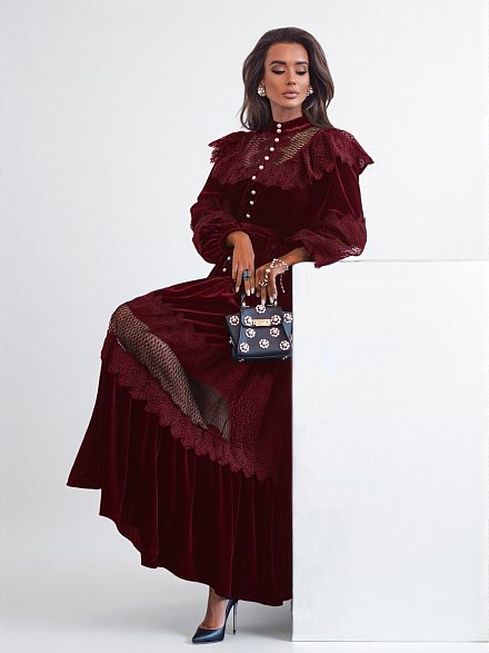 Вечернее бархатное платье декорированное кружевом NY Collection