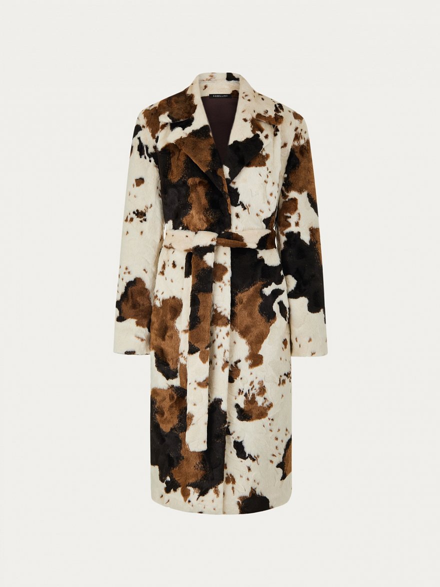 Пальто длинное из экомеха с анималистичным принтом осень 2025