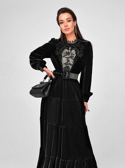 Черное бархатное платье с кружевом NY Collection