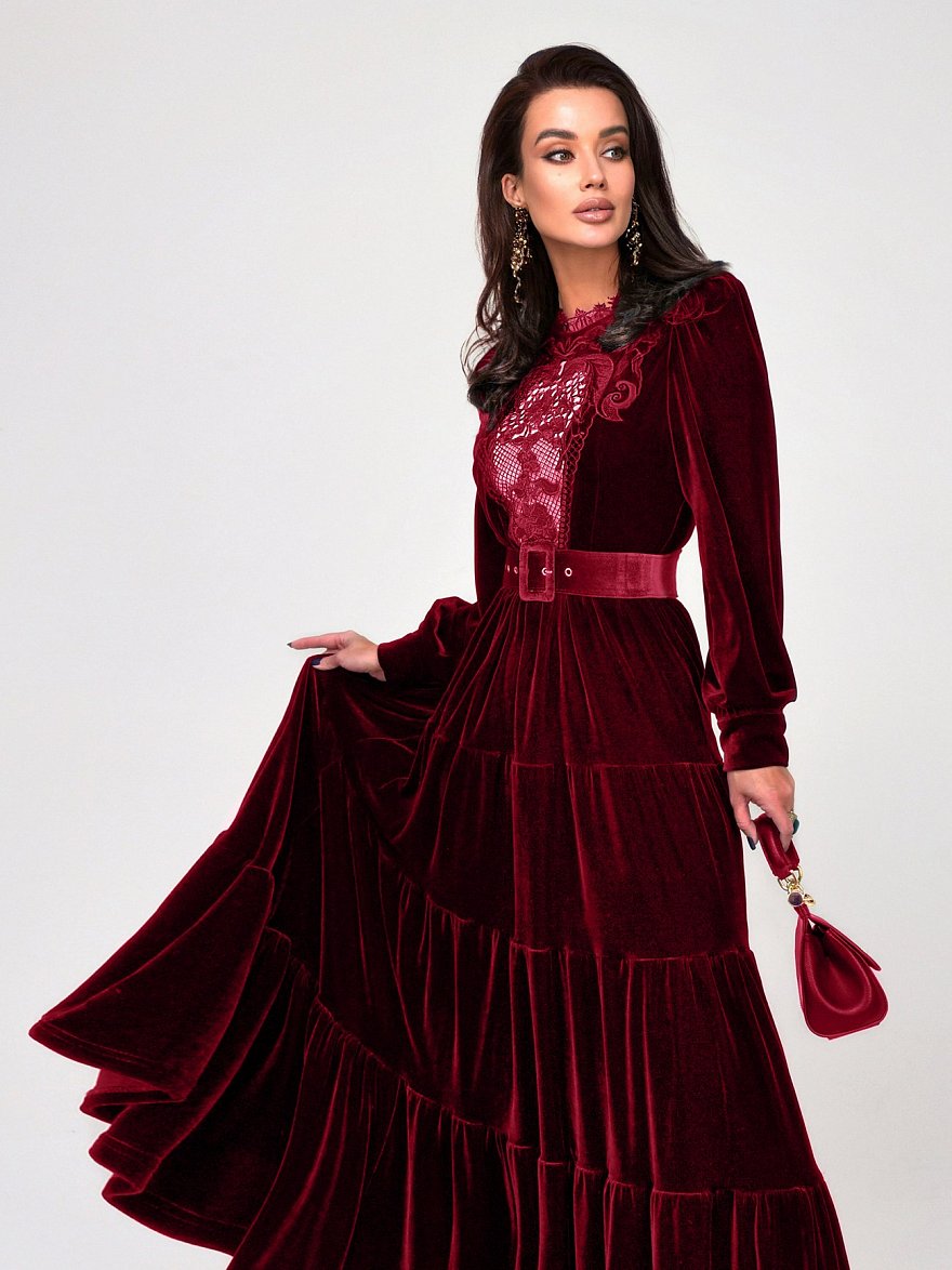 Бордовое бархатное платье с кружевом NY Collection