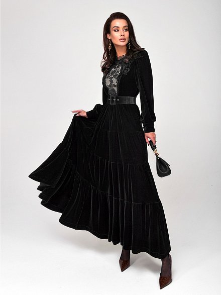 Черное бархатное платье с кружевом NY Collection