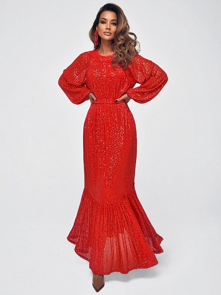 Красное длинное вечернее платье с пайетками NY Collection