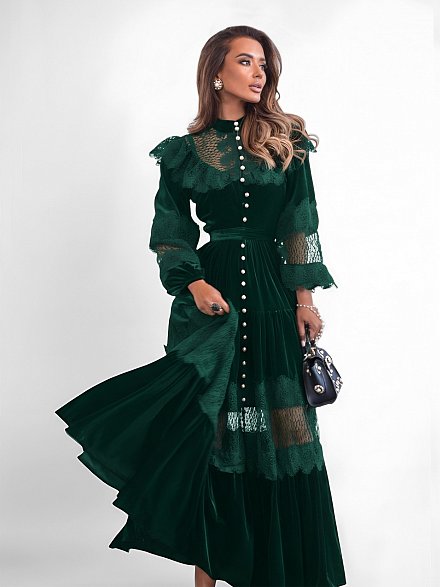 Вечернее бархатное платье декорированное кружевом NY Collection