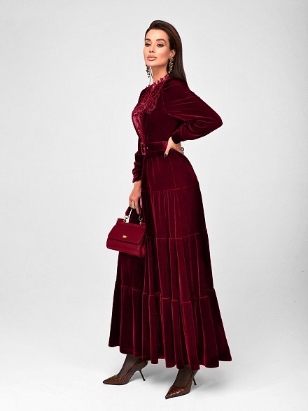 Бордовое бархатное платье с кружевом NY Collection